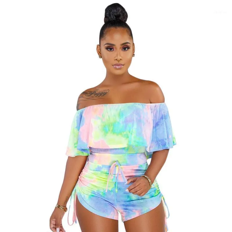 Sexy Tie Dye Print Playsuit Slash Neck Woman Casual Ruche Jumpsuit Off Shoulder Bodycon Algemene Bandage Party Bodysuit Outfit Damessprongen