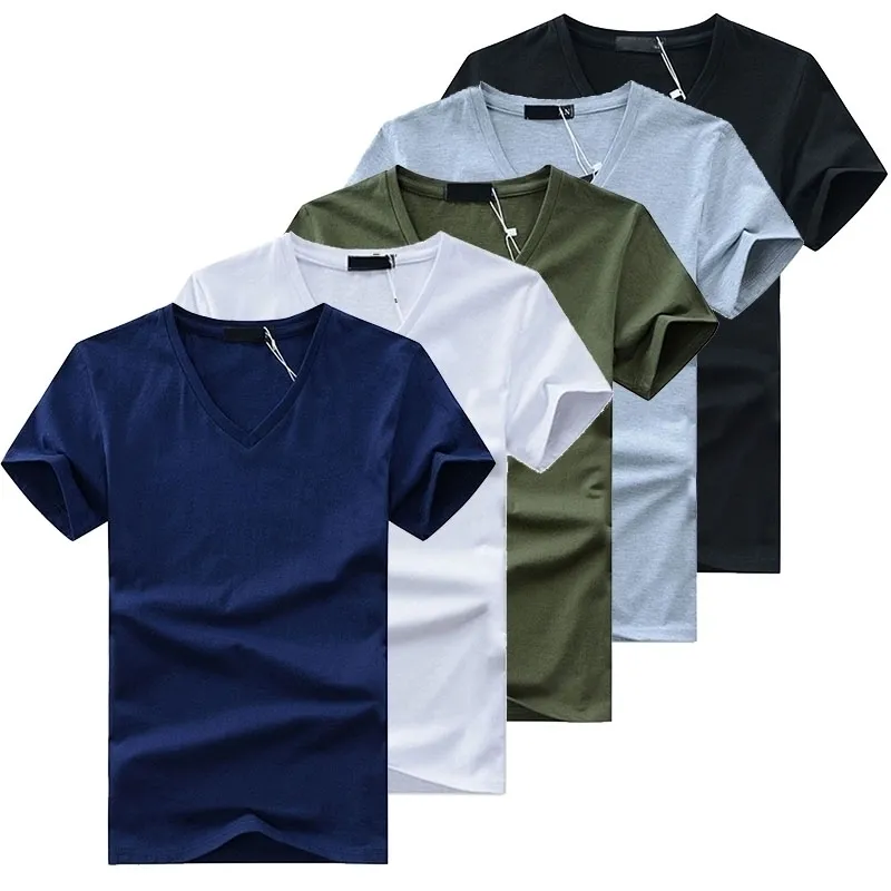 5pcs / lot High Quality Fashion T-shirts V V Neck Short Sleeve T Shirt Solid Casual Men Bomull Tops Tee Sommar Kläder 210329