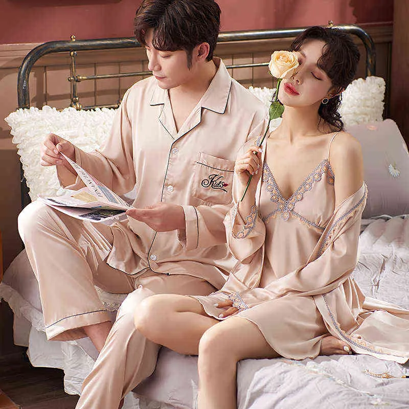 Ice Silk Couples Pajama Set Long Sleeve Faux Silk Satin Dressing Gown For  Women And Men Casual Loose Home Clothes From Kong003, $29.57