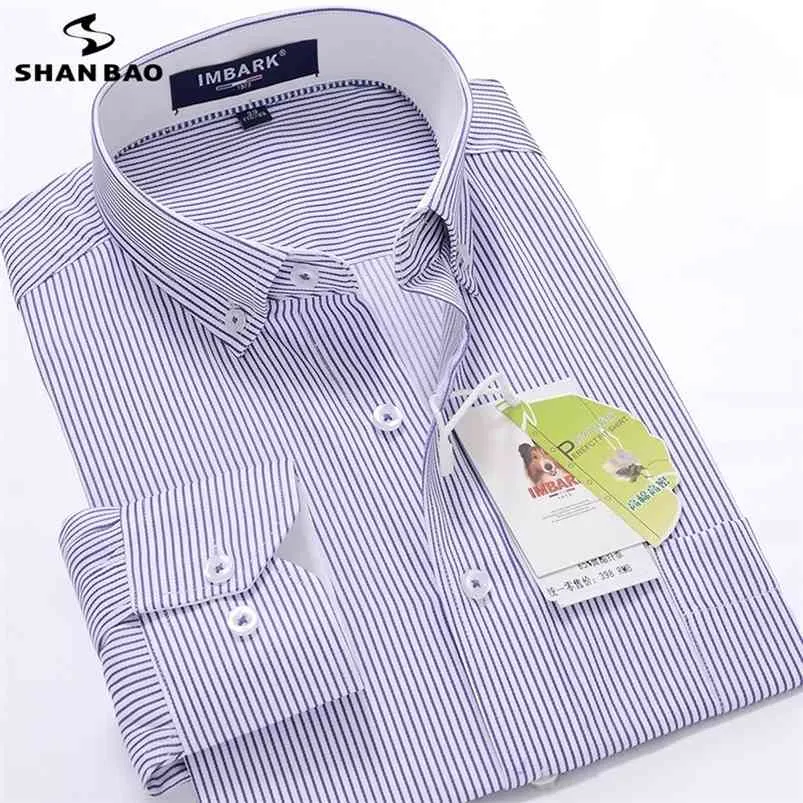 SHAN BAO camicia casual a maniche lunghe da uomo d'affari a righe classiche marchio di abbigliamento da uomo elegante camicia allentata per feste di matrimonio 210708