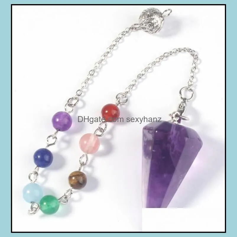 36*18MM Big Size Trendy-beads Popular Silver Plated Hexagon Pyramid Pendulum Chakra Natural Purple Amethysts Pendant wjl2897