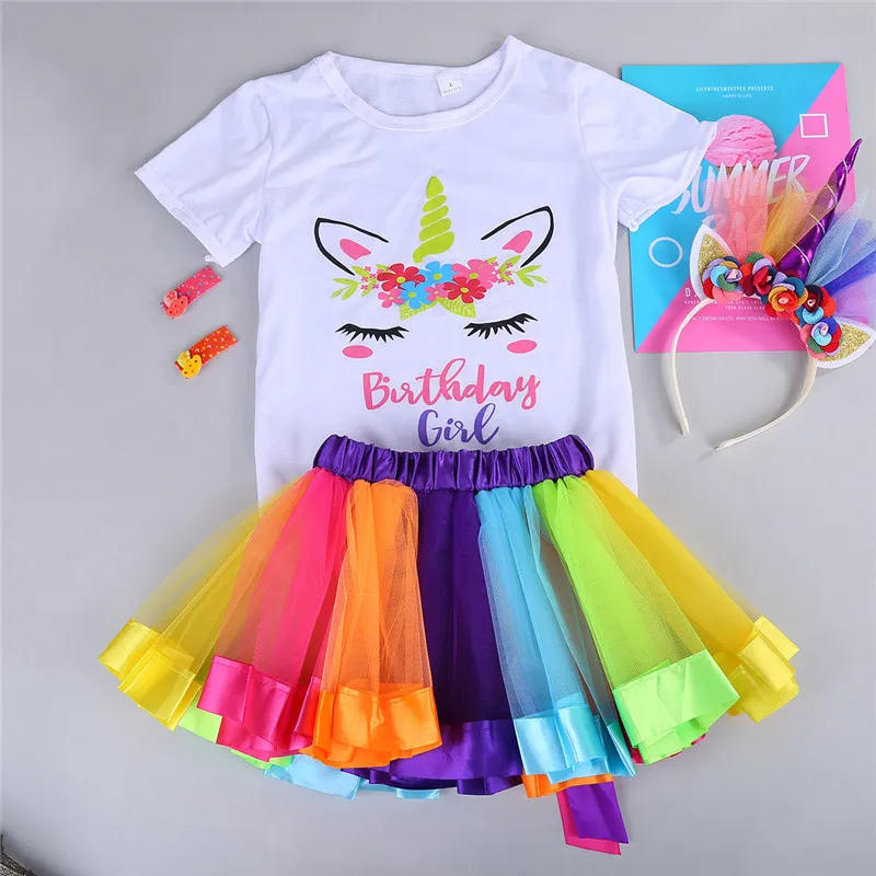 Clothing Sets Fashion Unicorn round neck T-shirt Lace Princess short skirt + cartoon hairpin four piece set wholesale Christmas Dress