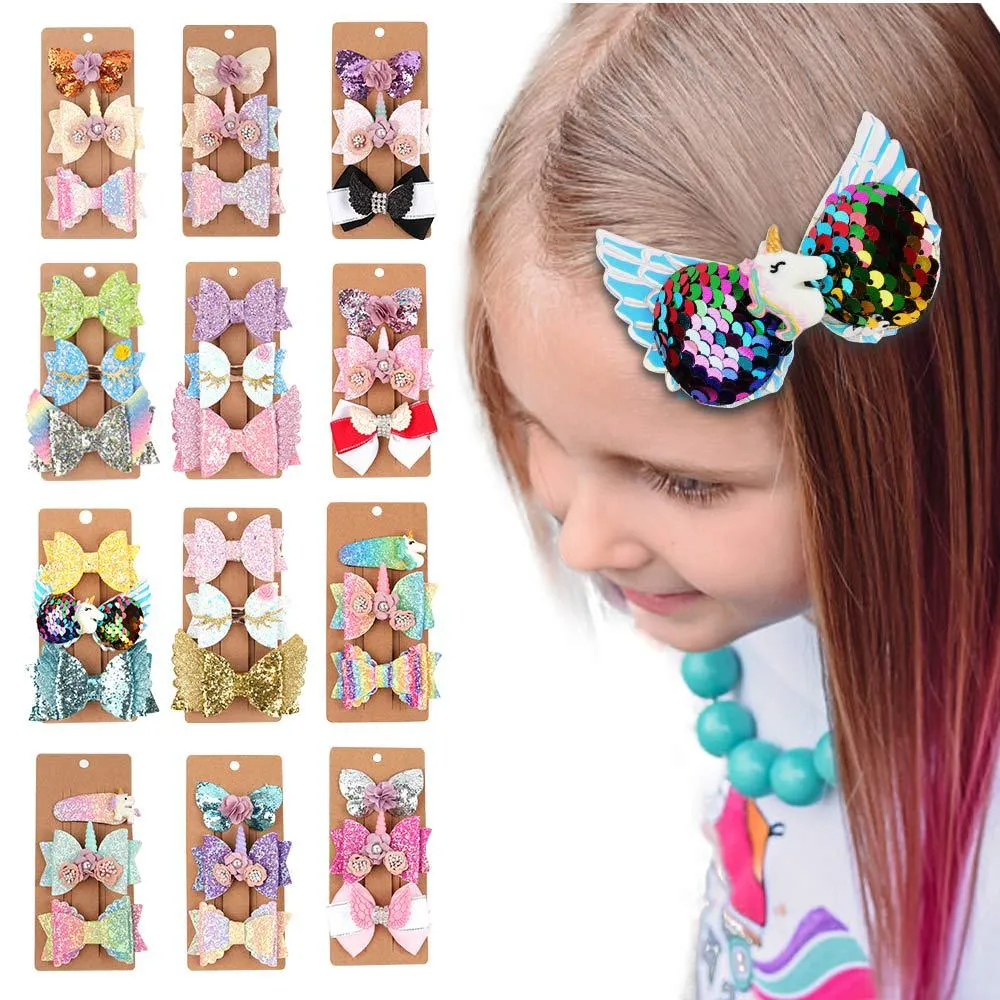 15846 Bonito Europa Bebê Meninas Desenhos Animados Unicórnio Bowknot Cabelo Clipe Kids Brilhante Glitter Glitter Barrete 3 Pçs / Set Barrettes Estilo Misto Crianças Cabeleireiro Acessório