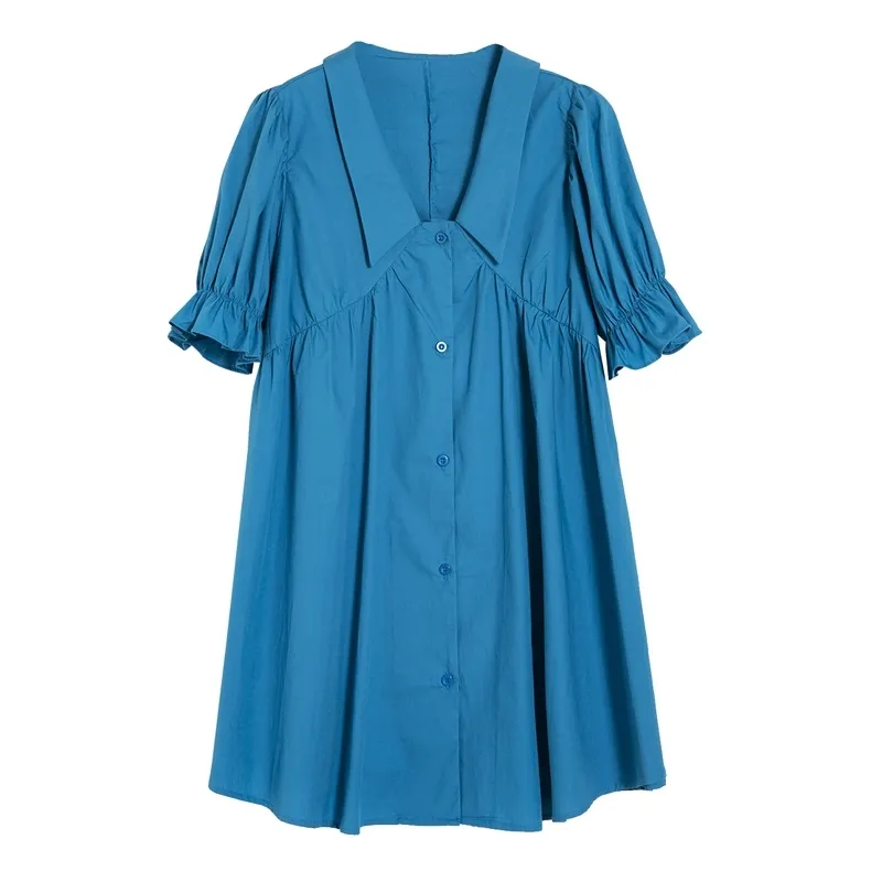 Blue Fuchisia Biały Solid Solid Curl Down Collar Button Krótki Rękaw Loose Mini Dress Summer Casual Puff D1904 210514