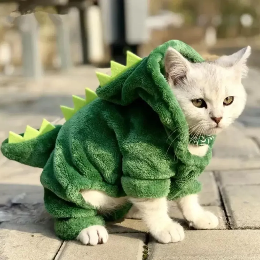 Stock Pet Chat Vêtements Drôle Dinosaure Costumes Manteau Hiver Chaud Polaire Chat Tissu À Capuche Chiot Chien Vêtements Xu