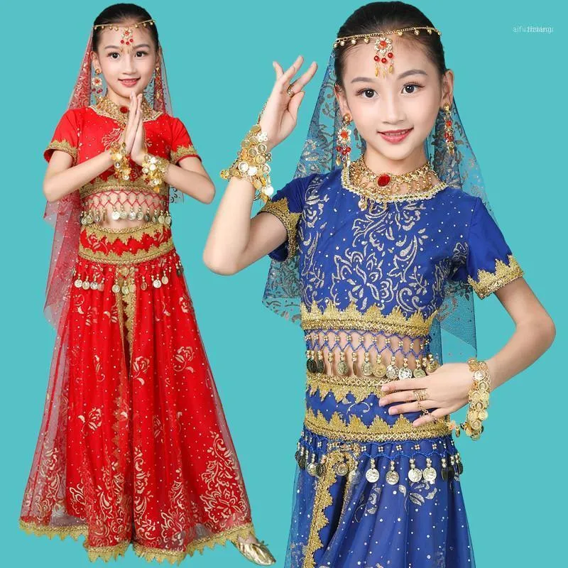 Trajes de palco para meninas Design de fantasias de dança do ventre Vestidos infantis orientais Índia Bollywood Roupa profissional infantil 4 cores 11