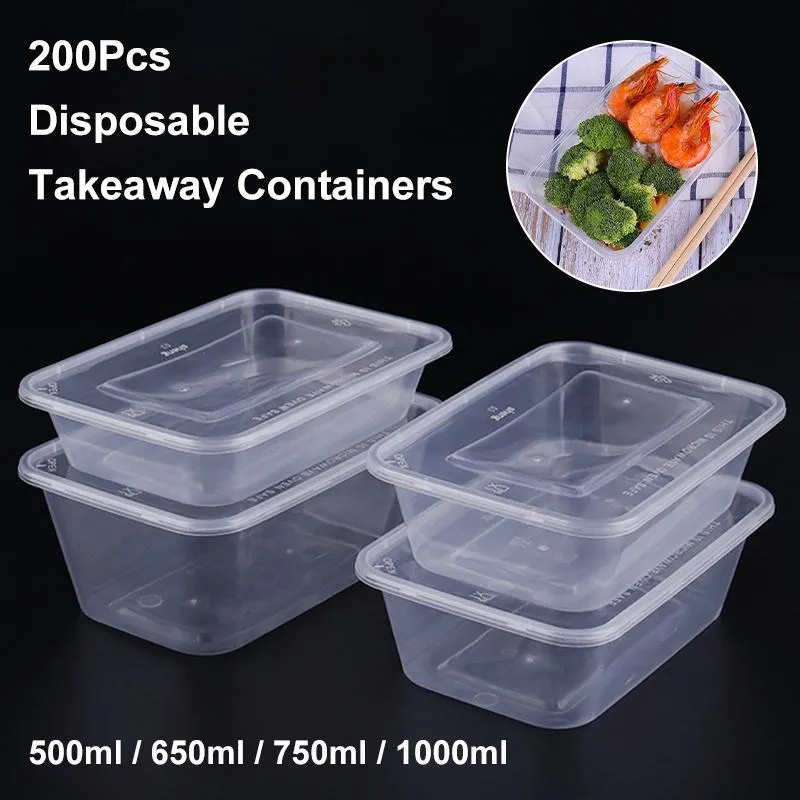 Louça de jantar set 100 pcs definir lancheira descartável retangular plástico embalagem de embalagem de frutas Microwavable refeição bento com tampa