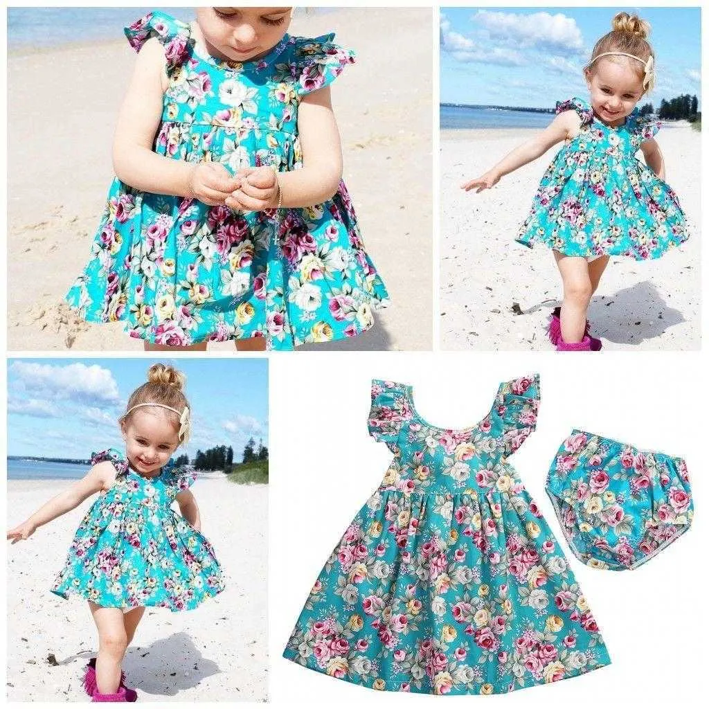 1-3Years Kids Baby Girls Summer Sleeveless Flower Printed Princess Dress Fashion Beach Chidren Skirt with Panties 80cm-110cm