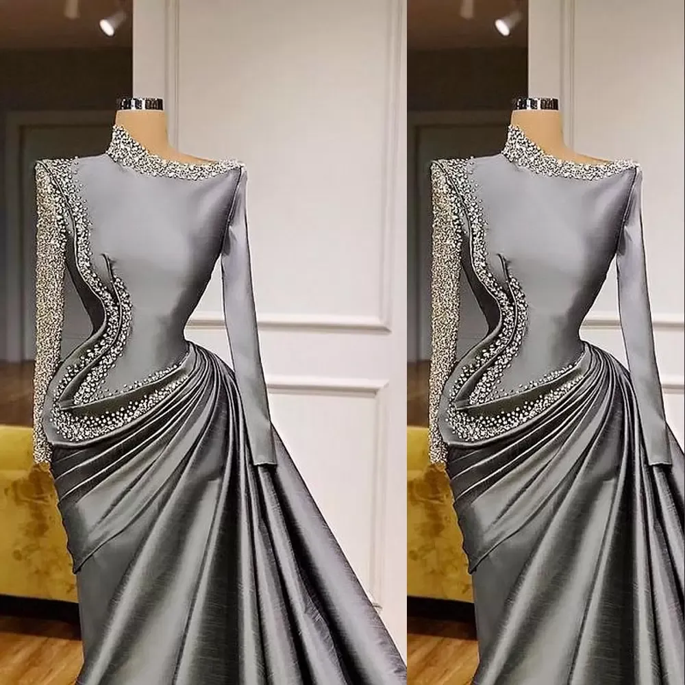 2022 Meerjungfrau Grau Saudi Arabisch Abendkleider mit langen Ärmeln Tragen Sie große Perlen Pailletten Taft Abendkleid Vestidos de Fiesta Formelle Partykleider CG001