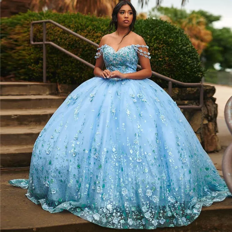 Vestidos de quinceañera azul cielo claro con hombros descubiertos, flores en 3D, vestidos de fiesta de cumpleaños para niñas, vestido de fiesta con cuentas, vestido dulce 15 326 326