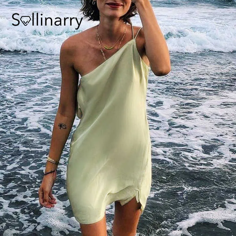 Sollinarry Sexy satin backless summer women tanks Solid loose sleeveless female party micro dress one shoulder vestidos 210709
