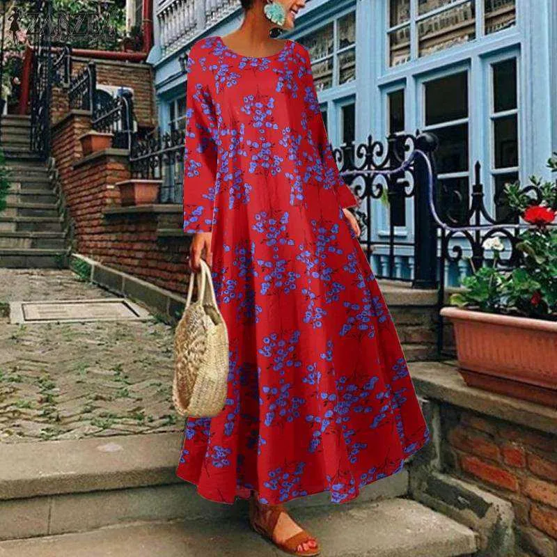 2021 Herfst Floral Gedrukt Sundezanzea Dames Lange Mouw Drvintage Casual Boheemse Partij Maxi Vestido Vrouwelijke Robe Kaftan X0529