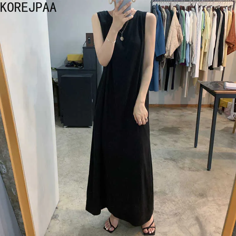Korejpaa Women Dress Summer Korean Chic Ladies Lazy Style Girocollo Tie Back Halter Design Allentato All-Fiammifero Vest Vestidos 210526