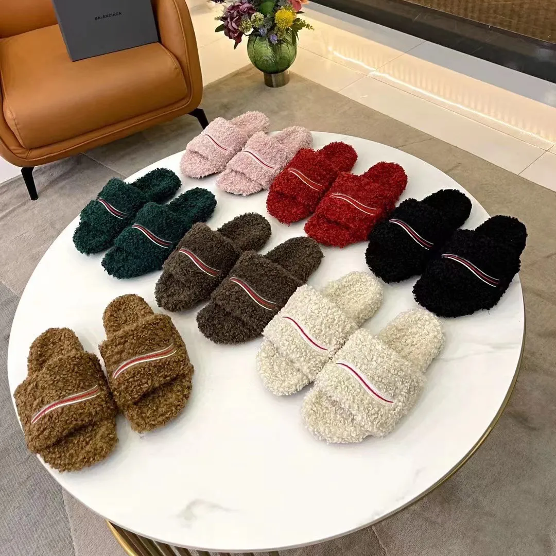 Designer Luxus Wollpantoffeln Faux Wolle Leder Mode gestickt Slipper Herbst Winter Frauen Furry Slides Marke bequeme warme Rutsche