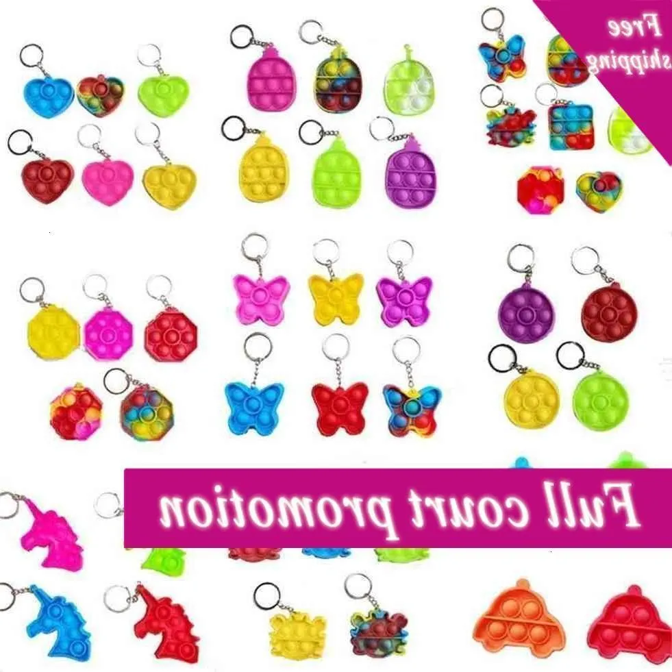 Fidget Simple Dimple Toy Kids Mini Push Poo Its Bubble Sensory Toys Sleutelhanger Cartoon Rainbow Tie-Dye Finger Chains