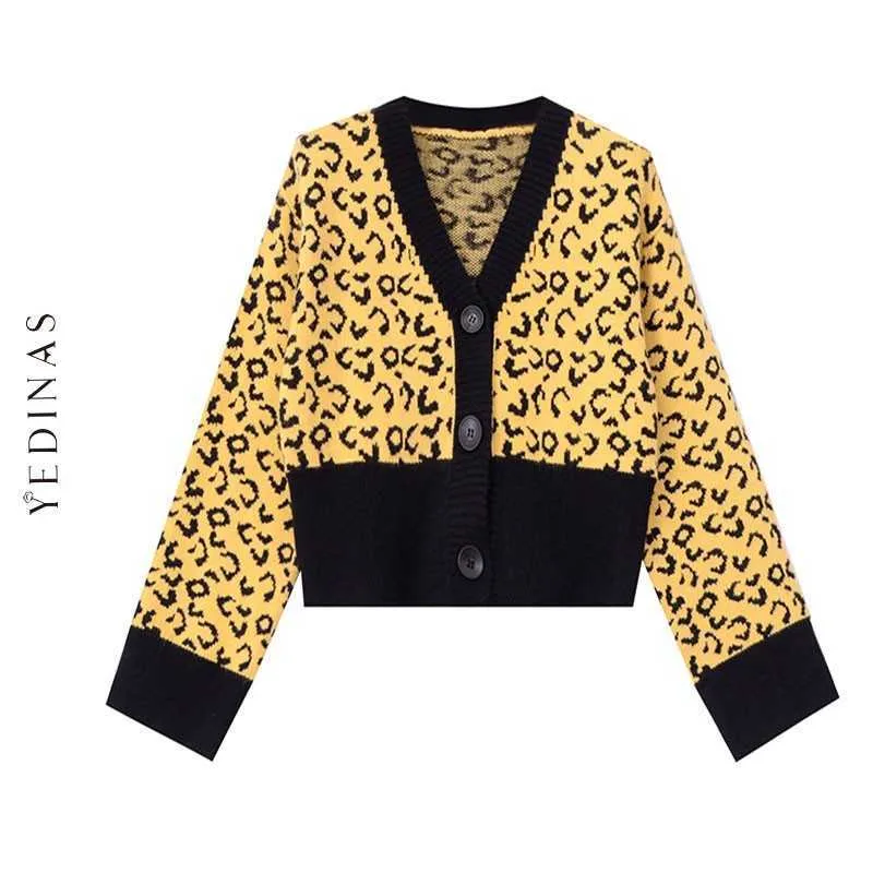 Yedinas Leopard Cardigan Women Korean Style Ladies Sweater Autumn Winter Kardigan Fashion Open Stitch 210527