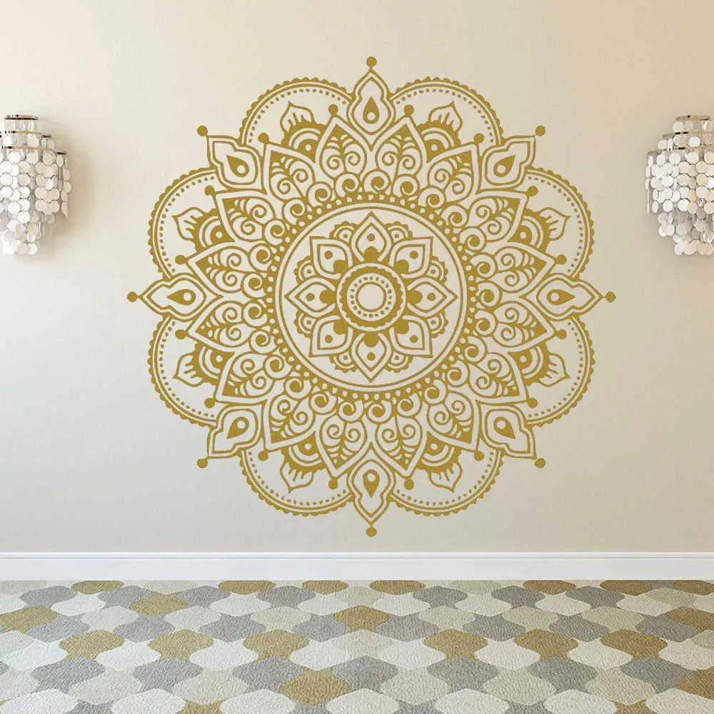 Złota Mandala Naklejki Ścienne do Pokoje Czeski Styl Mandala Lotus Naklejka Kwiat Wall Art Yoga Studio Naklejki Naklejki ścienne HY332 210705