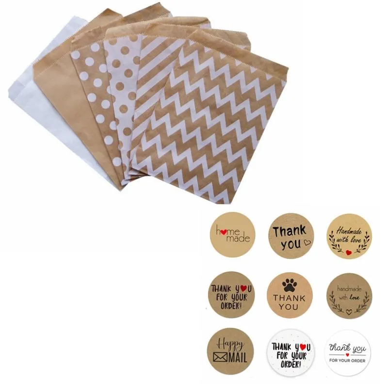 25pcs/lot Kraft Paper Bags Gift Bag Pouch Treat Candy Chevron Polka Dot For Birthday Wedding Party Eid Mubarak Decor Wrap