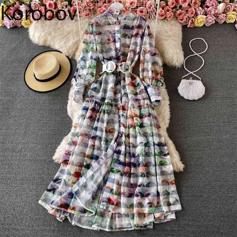 Korobov New Fashion Stand Collar Long Sleeve Dress Women Printed Sash Lace Up A Line Dresses Female Single Breasted Vestidos 210430