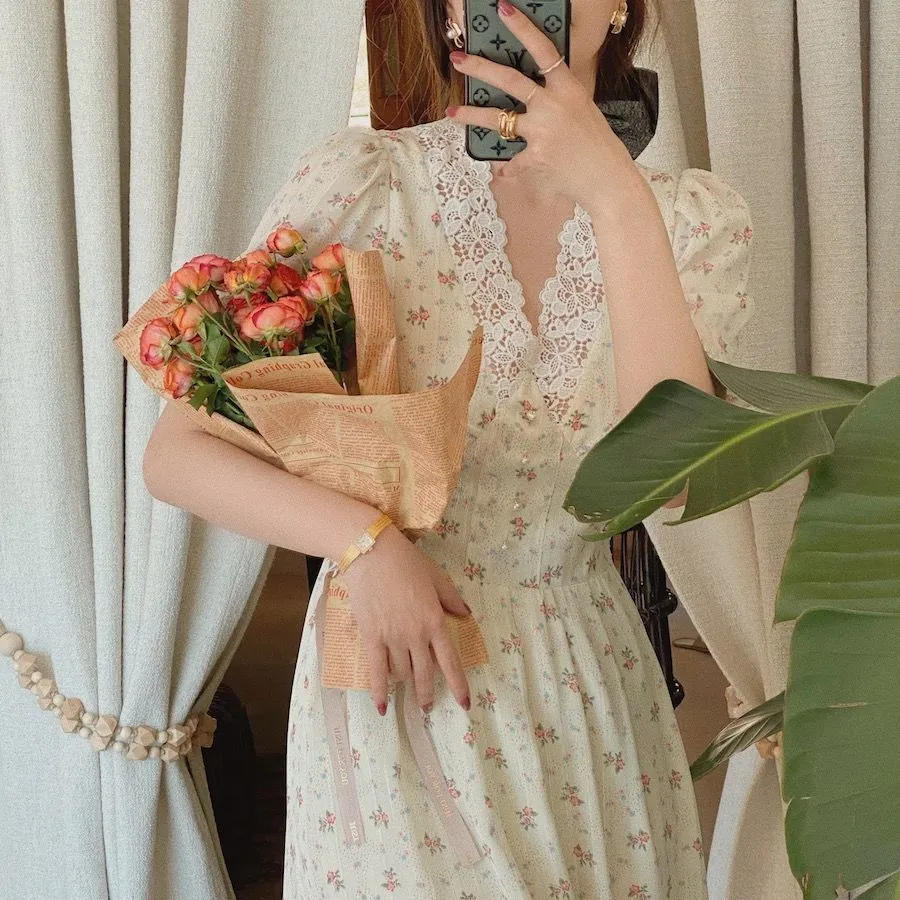 Vintage Floral Dress Women Elegant Lace Chiffon Korean Floral Tea
