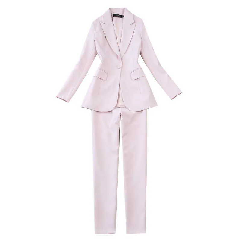 Бизнес офис женский костюм двух частей темперамент повседневный розовый пиджак женщин тонкие брюки высокое качество 210527