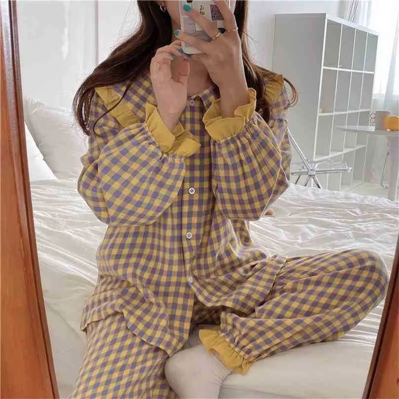 Pijama Kadınlar Yumuşak Pamuk Ev Giymek Sonbahar Kış Pijama Kadın Pantolon Takım Elbise Yaka Ekose Pijama Set Pijama 210525