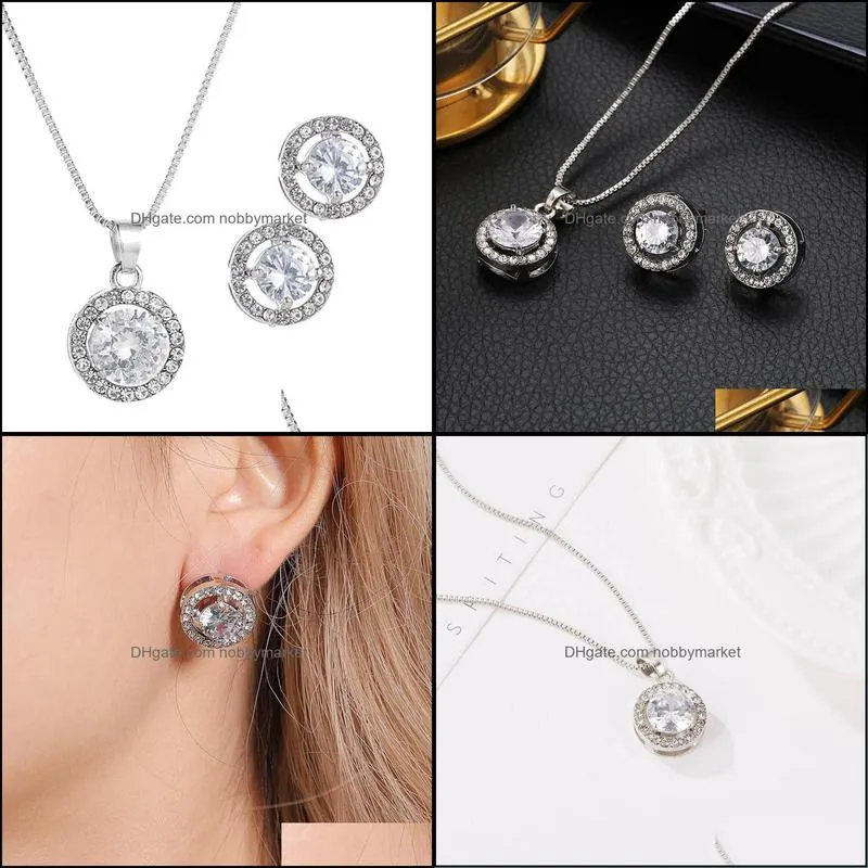 Earrings & Necklace 3Pcs/set Jewelry Sets Ladies Elegant Round Waterdrop Rhinestone Pendant Hook For Women Wedding Set