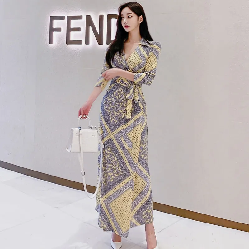 Yellow Korean Printed Maxi Dress for Women - 3/4 Sleeve, V-neck, Lace-up belt - Perfect for Office, Fashion, and Parties - Vestido 210513