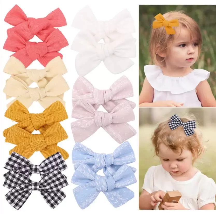 7 Colors Girl Hair Bows 3.6 inch Bow Simple Flowers Plaid Clothes Design Baby Girls Clippers Kids Accessory