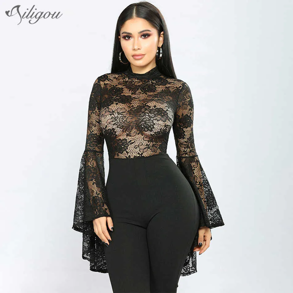 Sexy Black Lace Mesh Bodysuit Long Sleeve Round Neck Perspective Ladies Bandage Jumpsuit Body Fashion 210527