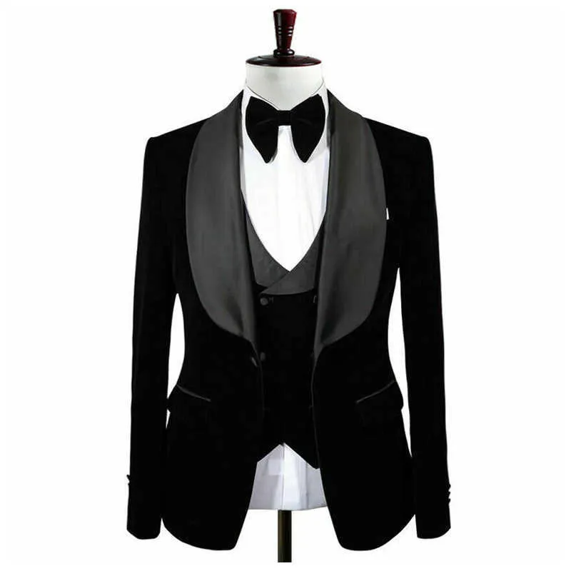 3個の黒人男性のスーツのための夕食のための夕食のための夕食の夕食の新郎Tuxedos結婚式のベルベット正式なブレザー男性ファッションジャケットベストズボンx0909