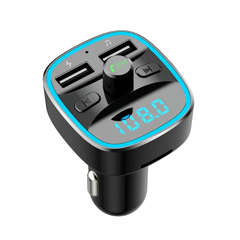 Kit adaptador para carro Bluetooth 5.0 Transmissor FM Rádio sem fio Leitor de música Kits para carros Círculo azul Luz ambiente Duas portas USB Carregador Mãos livres Chamada