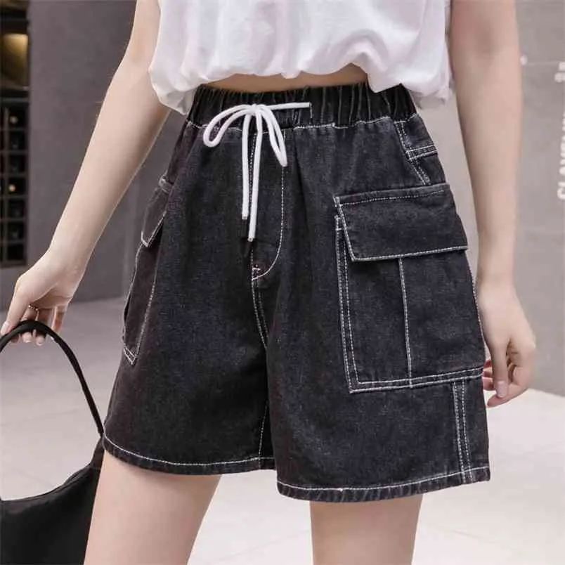 Wwenn plus storlek 5xl denim shorts kvinnor svart jean stora fickor femme sommar elastisk hög midja med bälte casual lös 210507