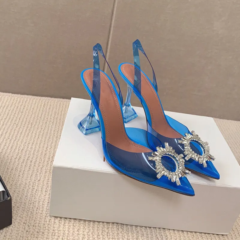 fashion luxurious designer Sandals Blue Crystal Goblet Heel Sandal Women Pointed Toe Jeweled Sunflower Buckle Transparent PVC Party Shoes Woman 9.5cm Skin bottom