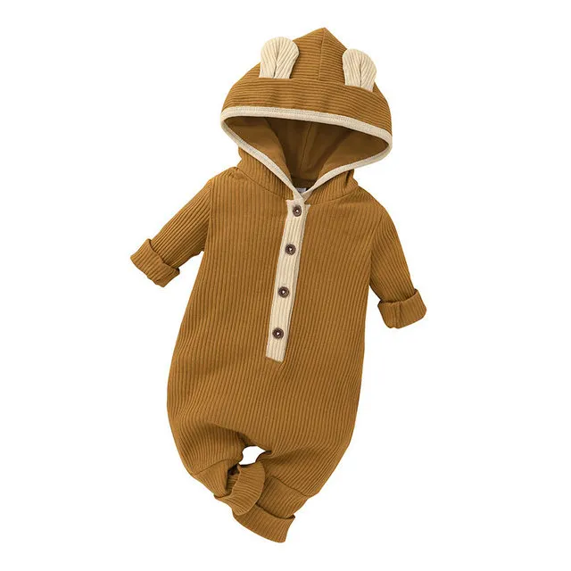 Baby Bear Ear Hood Rib Hong Jumpsuits Fall 2021 Children Boutique Clothing 0-2T Newborn Infant Toddlers Plain Casual Bodysuits