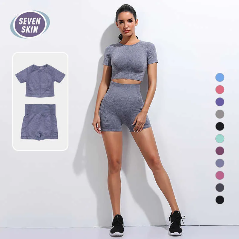 SEVEN SKIN SeamlWomen 2PCS Yoga Set Running Sport Suits Gym FitnHigh Waist Shorts Sportswear Sets Short Sleeve Crop Top X0629