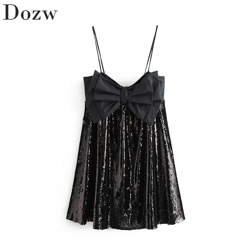 Kadınlar Şık Kolsuz Sequins Mini Elbise Yay Süslemeleri Spagetti Kayışı Seksi Lady Elbiseler Siyah Renk Gevşek Sundress Ropa Mujer 210515