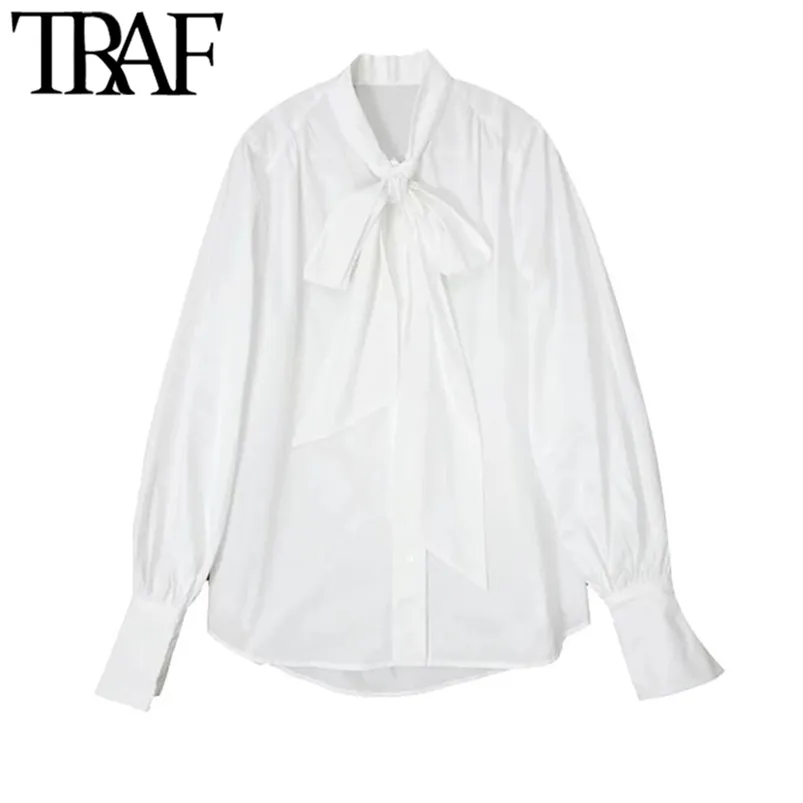Vrouwen mode met boog gebonden losse witte blouses vintage lantaarn mouw knop-up vrouwelijke shirts Blusas chique tops 210507