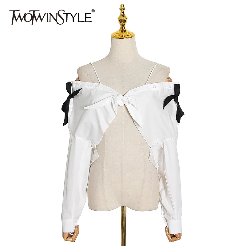 TWOTWINSTYLE Camicia corta da festa sexy per donna con scollo a V manica lunga con lacci Bowknot camicetta bianca moda estiva femminile 210517