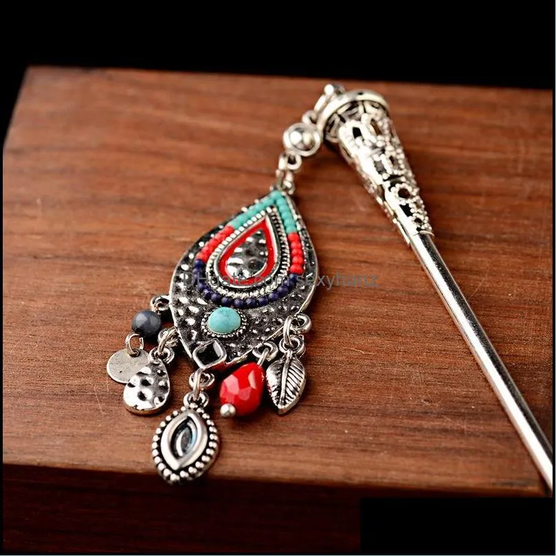 Hair Clips & Barrettes Boho Vintage Ethnic Gypsy Tibet Silver Plated Long Carved Flower Stone Beads Tassel Sticks For Women Pins