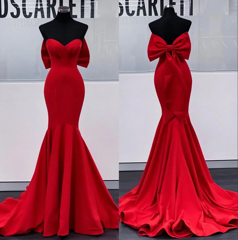 Robes de demoiselle d'honneur sirène rouge avec gros nœud chérie cou demoiselle d'honneur robes balayage train satin trompette robe d'invité de mariage