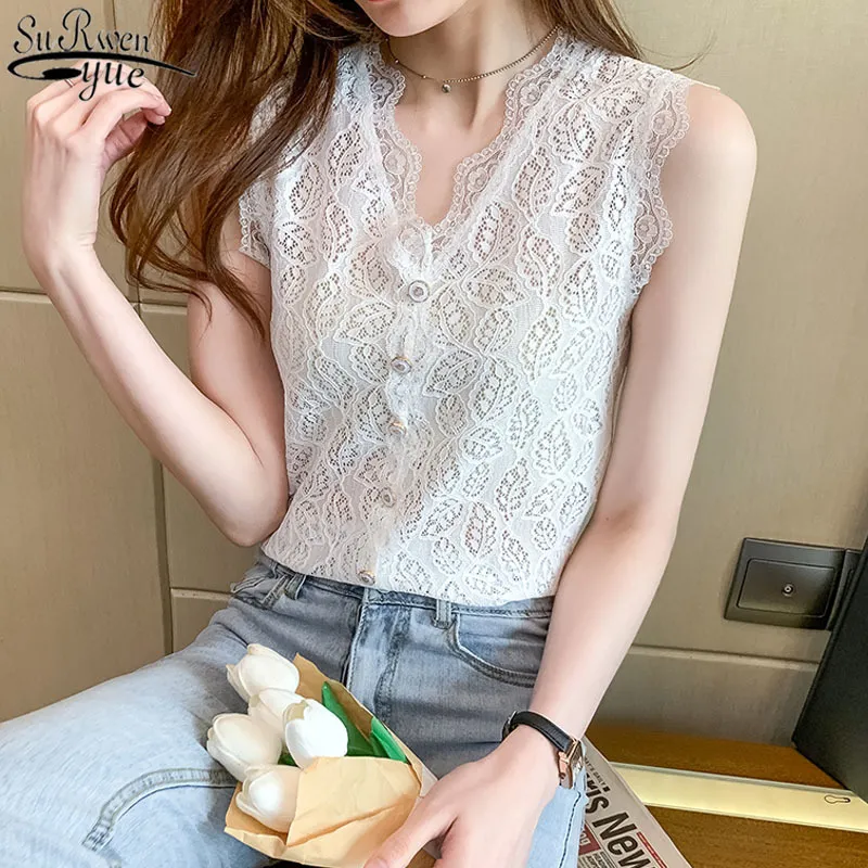 Summer Shirt V-Neck Women Vest Plus Size Elegant Embroidered Lace Mesh Blouse Sleeveless See Through Floral 13987 210427