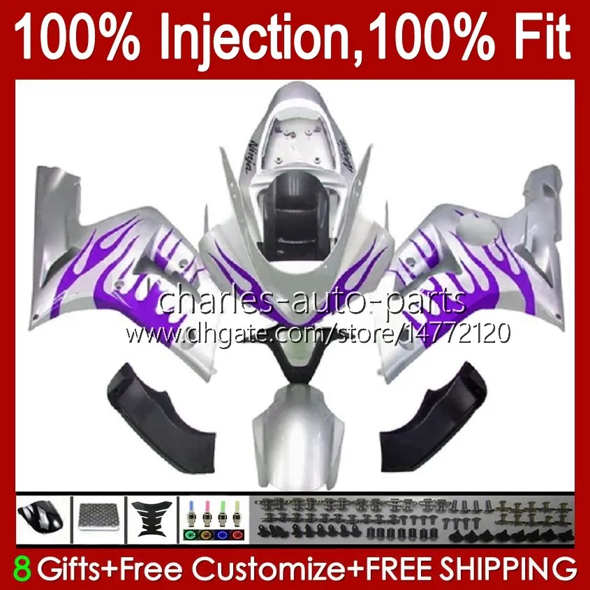 Injection Mold Kit For KAWASAKI NINJA ZX-636 ZX600 ZX 6R 6 R 600 CC 03-04 Body 8No.166 ZX 636 600CC ZX6R 03 04 ZX600C ZX636 ZX-6R 2003 2004 Fairing OEM Bodywork purple flames