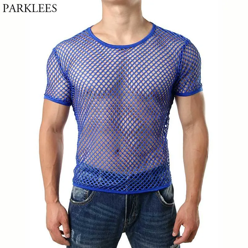 Sexy Blue Fishnet Voir à travers T-shirt Hommes Manches courtes Élastique Transparent Mesh T-shirts Hommes Hip Hop Muscle Undershirts Top Tees 210522