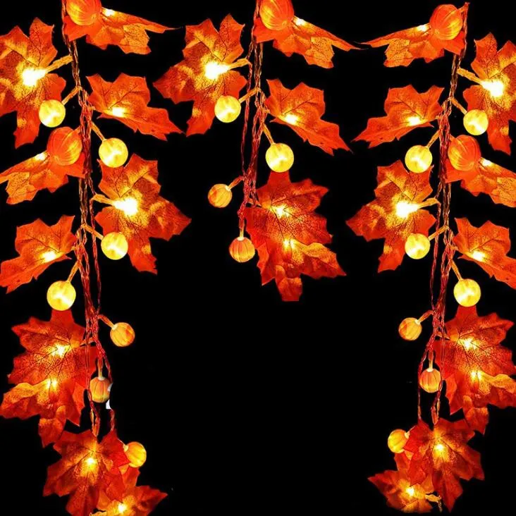 Fall Garland Decoratie LED Esdoornblad Pompoen String Light Herfst Decor Thanksgiving Indoor Outdoor Halloween Vakantie Feestartikelen Zonsondergang Kleur