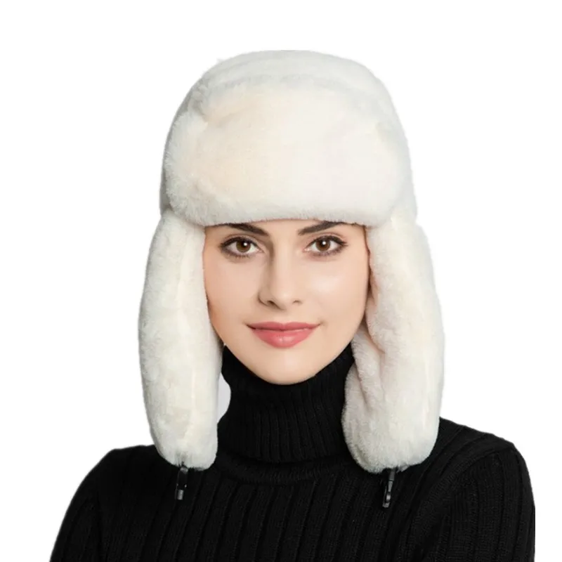 Chapeau en fausse fourrure pour femmes pour l'hiver avec cosaque extensible blanc épaissir casquette chaude chapeau de trappeur à rabat d'oreille casquette de Style russe pour les femmes