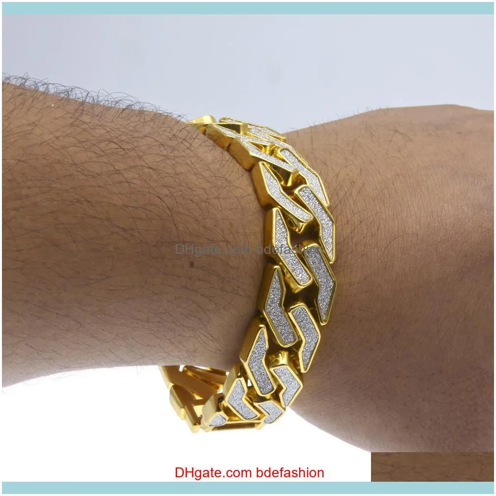 Link, Jewelrymen Iced Out Hip Hop Cuban Chain Link Sand Blast Bracelet Gold Sier Tone Heavy 18Mm Bracelets Drop Delivery 2021 9Xagt