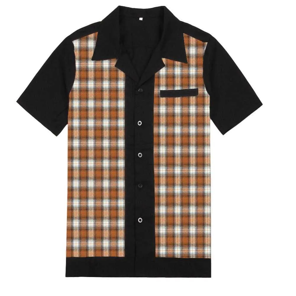 Patchwork Plaid Shirts Männer Bluse Kurzarm Casual Button Down Shirts Camiseta Retro Hombre Bowling Kleid Männliche Shirts 210527