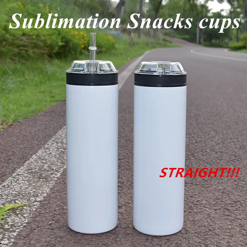 Sublimering Snacks Cups 20oz Straight Tumbler Travel Mugg Med Lock och Straw Rostfritt Stål Slim Isolerad Tumbler Beer Kaffe Muggar