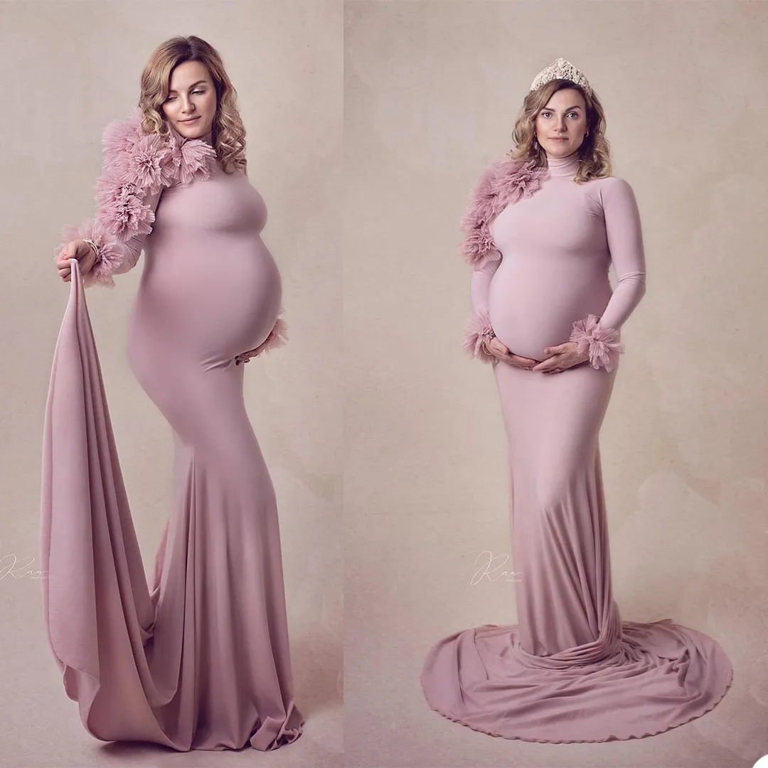 2021 Plus Storlek Gravid Ladies Maternity SleepWear Dress Ruffle High Neck Nattgowns för Photoshoot Underkläder Bathrock Nightwear Baby Shower